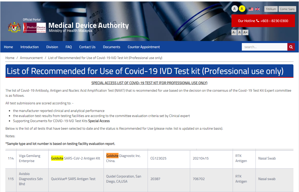 Goldsite COVID-19 SARS-CoV-2 Antigen Kit Approved by Malaysia MDA